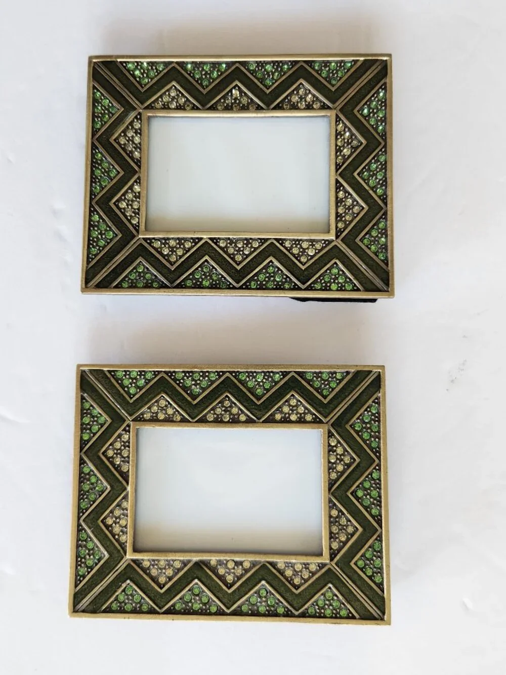 Set of 2 Mini Rhinestone Rectangle Metal Photo Frames Green Gold Chevron Design
